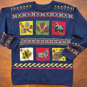 Vintage Navy Blue Sweater with Colorful Animal & Paisley Accents